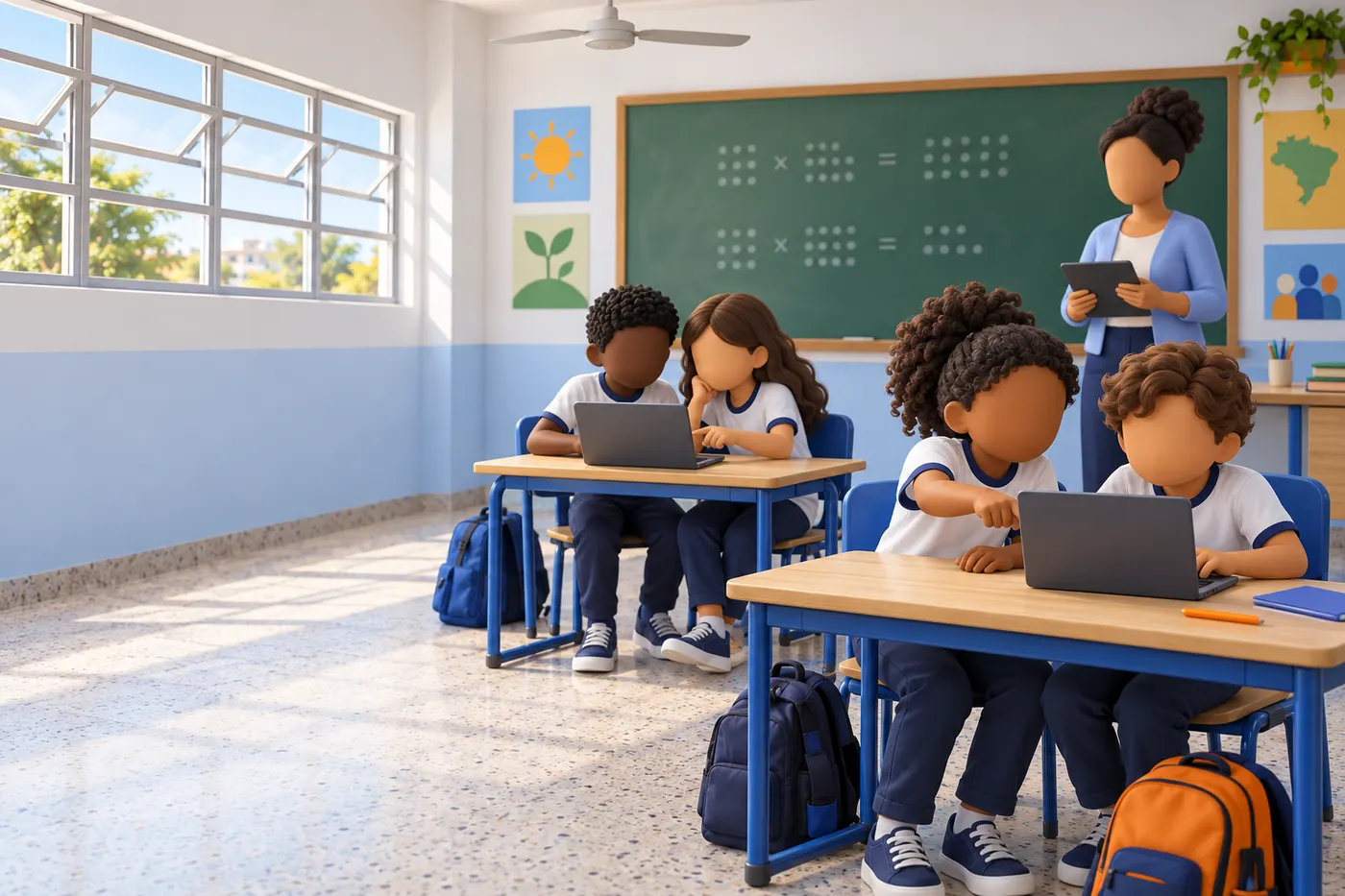 Ilustração: crianças jogam em Chromebooks na sala de aula enquanto a professora acompanha pelo tablet