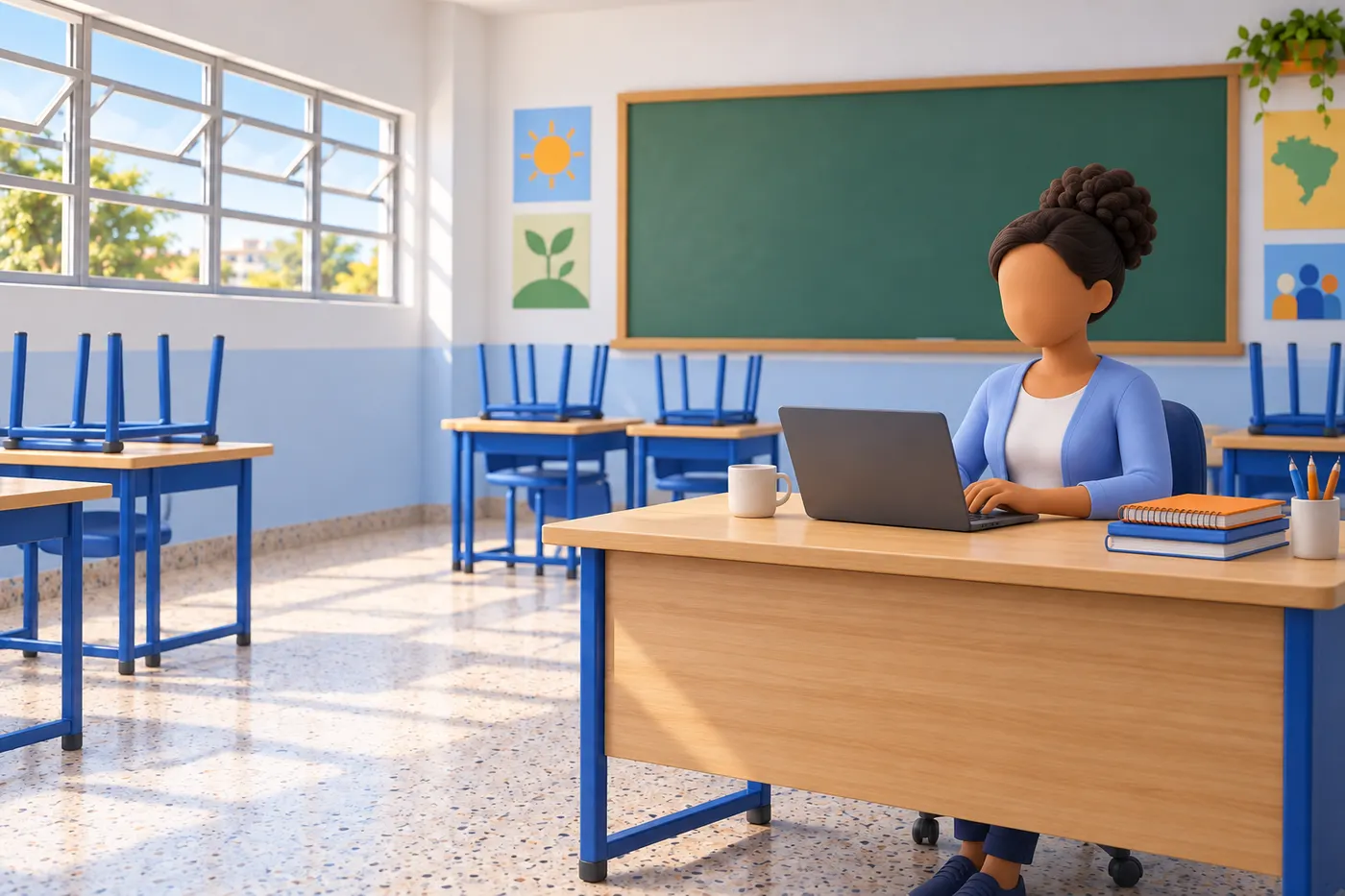 Ilustração: a professora, sozinha na sala antes da aula, com café, cadernos e o Chromebook aberto