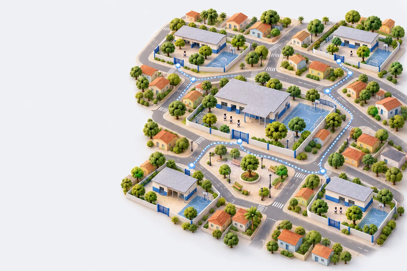 Ilustração: cidade com cinco escolas públicas ligadas por caminhos