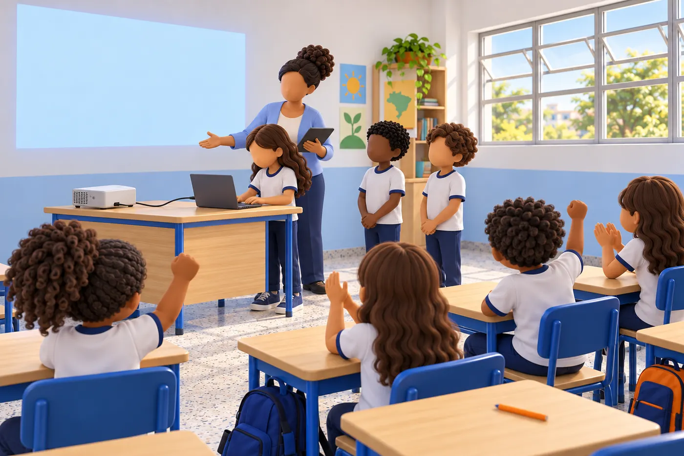 Ilustração: a turma joga na vez, com um Chromebook ligado ao projetor