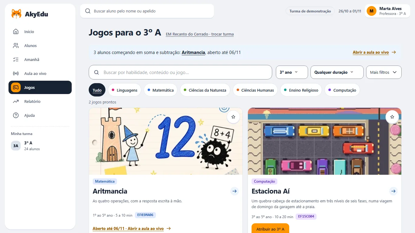 Tela real do catálogo de jogos do 3º A